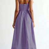 Women’s Elegant Spaghetti Strap Midi Dress – Flared Pleated A-Line Summer Dress