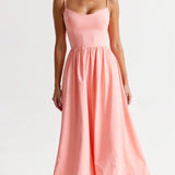 Women’s Elegant Spaghetti Strap Midi Dress – Flared Pleated A-Line Summer Dress