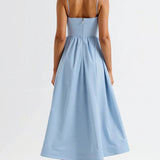 Women’s Elegant Spaghetti Strap Midi Dress – Flared Pleated A-Line Summer Dress