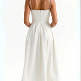 Women’s Elegant Spaghetti Strap Midi Dress – Flared Pleated A-Line Summer Dress