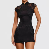 Women’s Embroidered Lace Cheongsam Mini Dress – Elegant Evening Bodycon