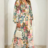 Women’s Floral Chiffon Maxi Dress – Elegant V-Neck Flowing Long Dress with Belt