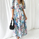 Women’s Floral Chiffon Maxi Dress – Elegant V-Neck Flowing Long Dress with Belt
