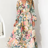 Women’s Floral Chiffon Maxi Dress – Elegant V-Neck Flowing Long Dress with Belt