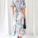 Women’s Floral Chiffon Maxi Dress – Elegant V-Neck Flowing Long Dress with Belt