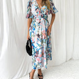 Women’s Floral Chiffon Maxi Dress – Elegant V-Neck Flowing Long Dress with Belt