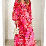 Women’s Floral Chiffon Maxi Dress – Elegant V-Neck Flowing Long Dress with Belt