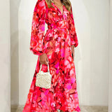 Women’s Floral Chiffon Maxi Dress – Elegant V-Neck Flowing Long Dress with Belt