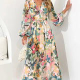Women’s Floral Chiffon Maxi Dress – Elegant V-Neck Flowing Long Dress with Belt