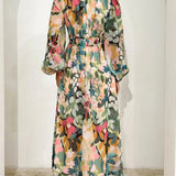 Women’s Floral Chiffon Maxi Dress – Elegant V-Neck Flowing Long Dress with Belt