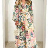 Women’s Floral Chiffon Maxi Dress – Elegant V-Neck Flowing Long Dress with Belt