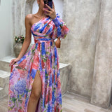 Women’s Floral Chiffon Maxi Dress – One-Shoulder Puff Sleeve
