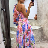 Women’s Floral Chiffon Maxi Dress – One-Shoulder Puff Sleeve