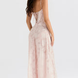 Women’s Floral Lace-Up Maxi Dress – Sheer Textured Embroidered Gown