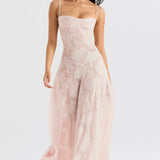 Women’s Floral Lace-Up Maxi Dress – Sheer Textured Embroidered Gown