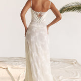Women’s Floral Lace-Up Maxi Dress – Sheer Textured Embroidered Gown