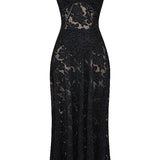 Women’s Floral Lace-Up Maxi Dress – Sheer Textured Embroidered Gown