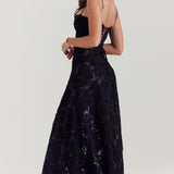 Women’s Floral Lace-Up Maxi Dress – Sheer Textured Embroidered Gown