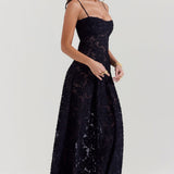 Women’s Floral Lace-Up Maxi Dress – Sheer Textured Embroidered Gown