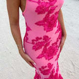 Women’s Floral Lace Appliqué Maxi Dress – Spaghetti Strap Evening Gown