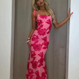 Women’s Floral Lace Appliqué Maxi Dress – Spaghetti Strap Evening Gown
