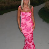 Women’s Floral Lace Appliqué Maxi Dress – Spaghetti Strap Evening Gown