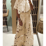 Women’s Floral Lace Two-Piece Set – Cut-Out Shirt & Palazzo Pants