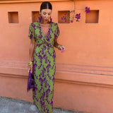 Women’s Floral Midi Dress – V-Neck Wrap Style with Puff Sleeves
