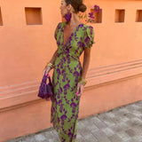 Women’s Floral Midi Dress – V-Neck Wrap Style with Puff Sleeves