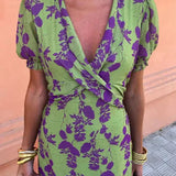 Women’s Floral Midi Dress – V-Neck Wrap Style with Puff Sleeves