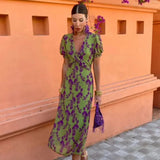 Women’s Floral Midi Dress – V-Neck Wrap Style with Puff Sleeves