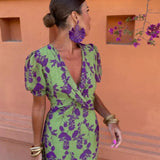 Women’s Floral Midi Dress – V-Neck Wrap Style with Puff Sleeves