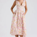 Women’s Floral Midi Dress – V-Neckline Corset Style with Pockets