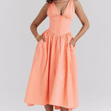 Women’s Floral Midi Dress – V-Neckline Corset Style with Pockets