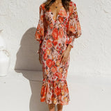 Women’s Floral Print Chiffon Midi Dress – Puff Sleeve Smocked Waist Cocktail Dress