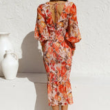 Women’s Floral Print Chiffon Midi Dress – Puff Sleeve Smocked Waist Cocktail Dress