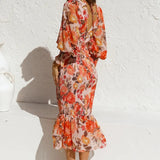 Women’s Floral Print Chiffon Midi Dress – Puff Sleeve Smocked Waist Cocktail Dress