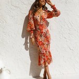 Women’s Floral Print Chiffon Midi Dress – Puff Sleeve Smocked Waist Cocktail Dress