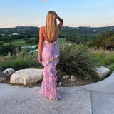 Women’s Tiered Ruffle Maxi Dress – Floral Print Spaghetti Strap Evening Dress
