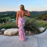 Women’s Tiered Ruffle Maxi Dress – Floral Print Spaghetti Strap Evening Dress