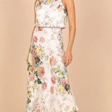 Women’s Floral Satin Halter Neck Midi Dress – Elegant Sleeveless Cocktail Dress