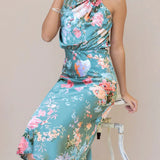 Women’s Floral Satin Halter Neck Midi Dress – Elegant Sleeveless Cocktail Dress