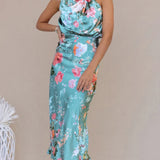 Women’s Floral Satin Halter Neck Midi Dress – Elegant Sleeveless Cocktail Dress
