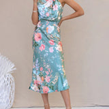 Women’s Floral Satin Halter Neck Midi Dress – Elegant Sleeveless Cocktail Dress