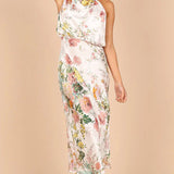 Women’s Floral Satin Halter Neck Midi Dress – Elegant Sleeveless Cocktail Dress