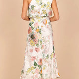 Women’s Floral Satin Halter Neck Midi Dress – Elegant Sleeveless Cocktail Dress