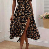 Women’s Floral Sweetheart Midi Dress – Puff Sleeve Slit Summer Dress