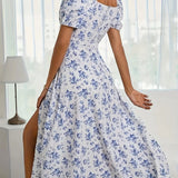 Women’s Floral Sweetheart Midi Dress – Puff Sleeve Slit Summer Dress