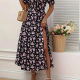 Women’s Floral Sweetheart Midi Dress – Puff Sleeve Slit Summer Dress