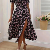 Women’s Floral Sweetheart Midi Dress – Puff Sleeve Slit Summer Dress